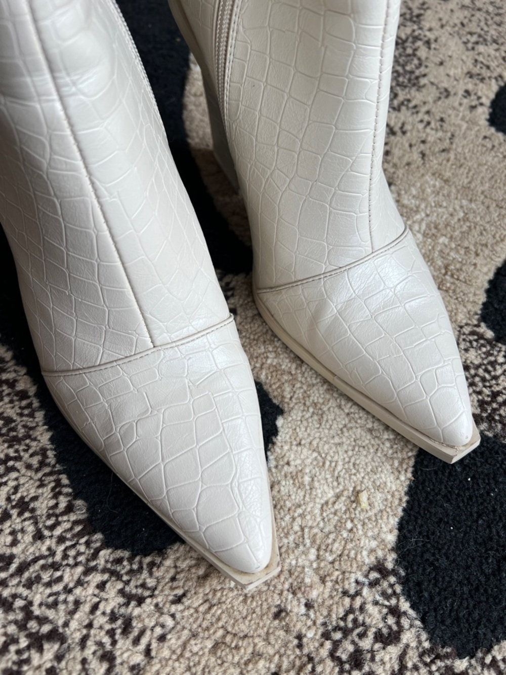 Nasty Gal Off-White Croc-Embossed Pointed Toe Block Heel Ankle Boots - Picture 6 of 10